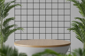 Poster - modern wood table white minimal podium for product placement with palm plants and black wire background in center composition 3d illustration rendering