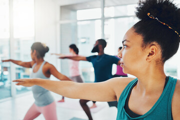 Canvas Print - Yoga, exercise class and fitness people in warrior or stretching for health and wellness. Diversity men and women group together for workout, training or pilates for healthy lifestyle motivation