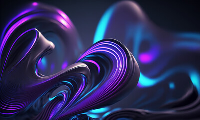 Wall Mural - Dark purple and blue glossy wallpaper with abstract shapes. Glowing wavy texture. Background with curvy organics shapes. Generative ai