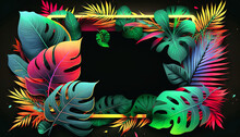 Colorful Tropical Leaves With Neon Frame On Dark Background. Generative AI.