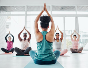 Poster - Diversity women, yoga class and meditation exercise for fitness, peace and wellness. Instructor with group in health studio for holistic workout, mental health and body balance with zen prayer hands