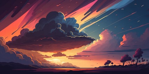 Sticker - Dramatic Sky and Epic Floor Background with Sunset Storm Cloud Horizon. Generative AI