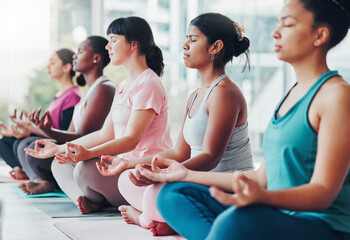 Poster - Meditation exercise, yoga class and healthy women together for fitness, peace and wellness. Diversity group in lotus at health studio for holistic workout, mental health and body balance for zen mind