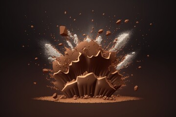 Sticker - Cocoa powder explosion with lumps on a dark background. Generative AI