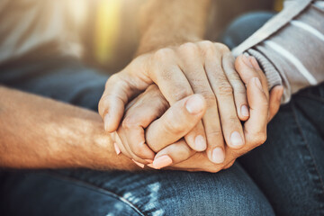 Canvas Print - Couple, love and holding hands for support, trust and affection, romance and care. Valentines day, commitment and man and woman together for unity, union and empathy, romantic bonding or relationship