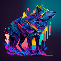 Wall Mural - abstraction the wolf stands on its paws and looks into the sky neon colorful paints