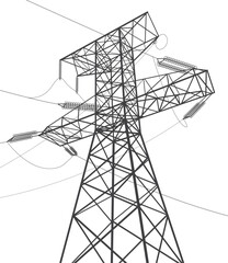 Wall Mural - High voltage transmission systems. Electric pole. Power lines. Energy pylons. Black outlines image. A network of interconnected electrical. Vector design illustration