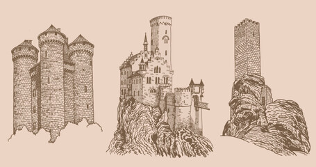 Graphical vintage set of medieval catles isolated , vector sepia illustration.Architecture