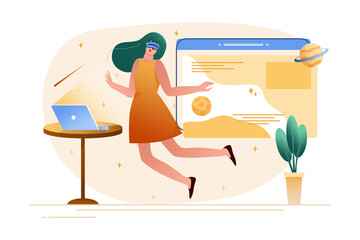 Aufkleber - Metaverse gradient concept with people scene in the flat cartoon style. Girl plunged into the virtual space with the help of innovation technologies and gadgets.