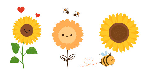 Wall Mural - Set of sunflower cartoons, bee and red hearts isolated on white background vector illustration.