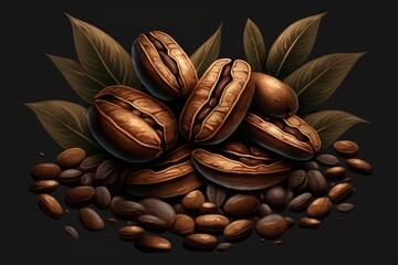 Sticker - Dark Background With Brown Roasted Coffee Beans in Closeup. Generative AI