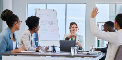 Poster - Questions, leadership or business people in a meeting or presentation asking faq or giving creative ideas. Team work, hands up or happy woman talking or speaking to employees in a group collaboration