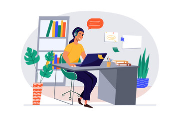 Poster - Concept call center with people scene in the flat cartoon design. Call center employee answers the client's question.