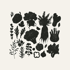 Wall Mural - various vegetable silhouettes collection. abstract vintage style. healthy food design.