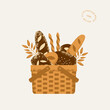  Fresh baked bread basket. Vintage style textured illustration. Vector illustration