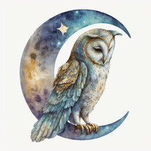 Celestial Owl Standing On A Crescent Watercolor Illustration 