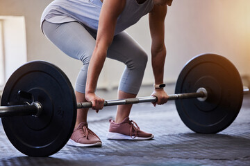 Canvas Print - Woman bodybuilder, barbell deadlift and gym for wellness, fitness or exercise for strong body on floor. Weightlifting, muscle development or workout for health, challenge or performance for self care