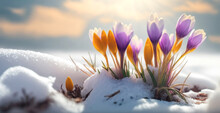 Snowdrop Flowers (Crocus) Growing Out Of The Snow. Spring Is Coming, Ai Generative