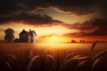 Wall Mural - Wheat field and farmhouse at sunset. AI generated