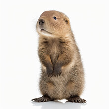 Full Length Portrait Of A Adorable Baby Beaver Standing Isolated On White Background. Floor With Reflection. Generative AI