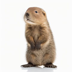 Wall Mural - Full length portrait of a adorable baby beaver standing isolated on white background. Floor with reflection. Generative AI