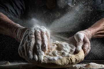 Man preparing bread dough on wooden table in a bakery close up old man kneading dough, making bread using traditional recipe, isolated on black background illustration generative ai