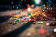 © Farnaces - Multicolored festive confetti falling on the street. Blurred background. Generative AI