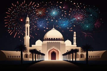 Poster - Fireworks display at the Sultan Qaboos Grand Mosque in Muscat, Oman. Generative AI