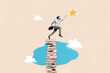 Creative banner magazine collage of jump run ambitious persistent worker man climb stack book achieve work job progress