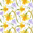 Spring seamless pattern of alstroemeria and daffodil flowers