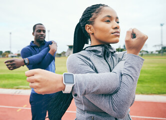 Sticker - Fitness, black couple and stretching arms for exercise, health and wellness at stadium. Winter sports, training or man and woman prepare and get ready to start workout, running or exercising outdoors