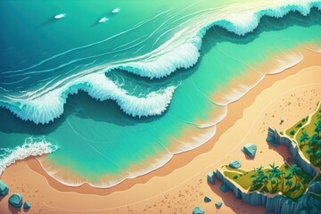 Poster - Gorgeous sandy beach, excellent view. a broad view of the sandy shore. The shore is being rolled by the sea. aerial view of the sea coast. aerial shots of a wave in the ocean. the beach and the water