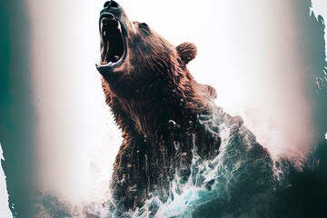 Fototapete - Wild screaming grizzly bear double exposure with paint splatters. Dynamic action pose.
Digitally generated AI image
