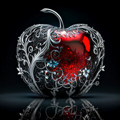 Wall Mural - 3d illustration of red apple with metal silver pattern and reflection on black background