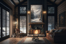 Interior View Of A Rustic Wooden House With Fireplace And Windows With Snow Forest. Generative AI