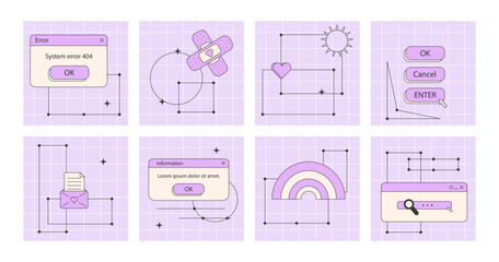 Fototapete - Set of linear vaporwave ig post or stories templates for social media. Abstract retro 80s 90s aesthetic groovy backgrounds with old computer user interface dialog window and nostalgic elements. Vector