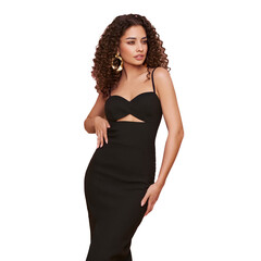 Wall Mural - Portrait of gorgeous elegant sensual woman wearing fashion black dress. Brunette woman with a hairstyle in the style of Afro curls. Care and beauty. Fashion photo