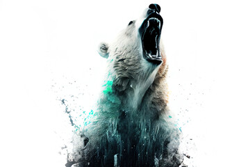 Fototapete - Wild screaming polar bear double exposure with paint splatters. Dynamic action pose.
Digitally generated AI image
