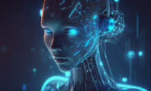 Artificial Intelligence Virtual Woman Characters Portrait For Concept Design. Fictional Girl Robot With Artificial Intelligence In Blue Glow Light Effect. Generative AI