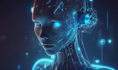 Poster - Artificial intelligence virtual woman characters portrait for concept design. Fictional girl robot with artificial intelligence in Blue glow light effect. Generative AI