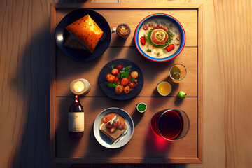 Wall Mural - High Angle View Of Meal Served On Floor. Generative Ai