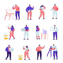 Poster - Set of Flat Building, Design and Engineering Workers Characters. Cartoon People Architects, Graphic Designers and Engineers Working on Projects, Painting on Blueprints. Illustration.