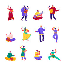 Set Of Flat Indian Street Artists Characters. Cartoon People Musicians And Dancers In Colorful Dress Performing On Street Playing Traditional Instruments. Illustration.