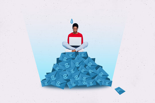 Creative poster collage banner of lady sit heap pile letters addicted online communication blogging using netbook