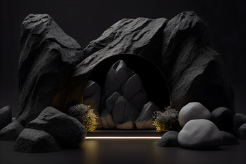 3D rendering of dark podium stone for display product showcase on the black abstract background scene, with light and shadow, luxury style, Generative Ai.