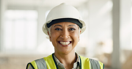 Wall Mural - Logistics, construction and architect working on renovation, building development and home maintenance. Face portrait of a mature worker with smile in management of an architecture home project