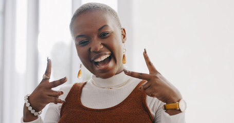 Hands, peace and face of black woman in the office with happiness, success and leadership in corporate career. Business, mindset and female worker with peace sign for vision, goals and motivation