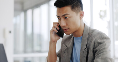 Aufkleber - Phone call, email and Asian man planning on a laptop, financial communication and accounting discussion on a phone. Strategy, conversation and accountant reading on a pc while speaking on a mobile