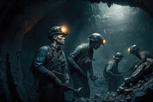 Miners With Headlights Working In A Mine. Generation AI