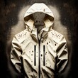 realistic photo of ecru and white technical hybrid jacket with, technical details, gorpcore, droplets of water on fabric, nylon plain and ripstop, waterproof zips generative ai